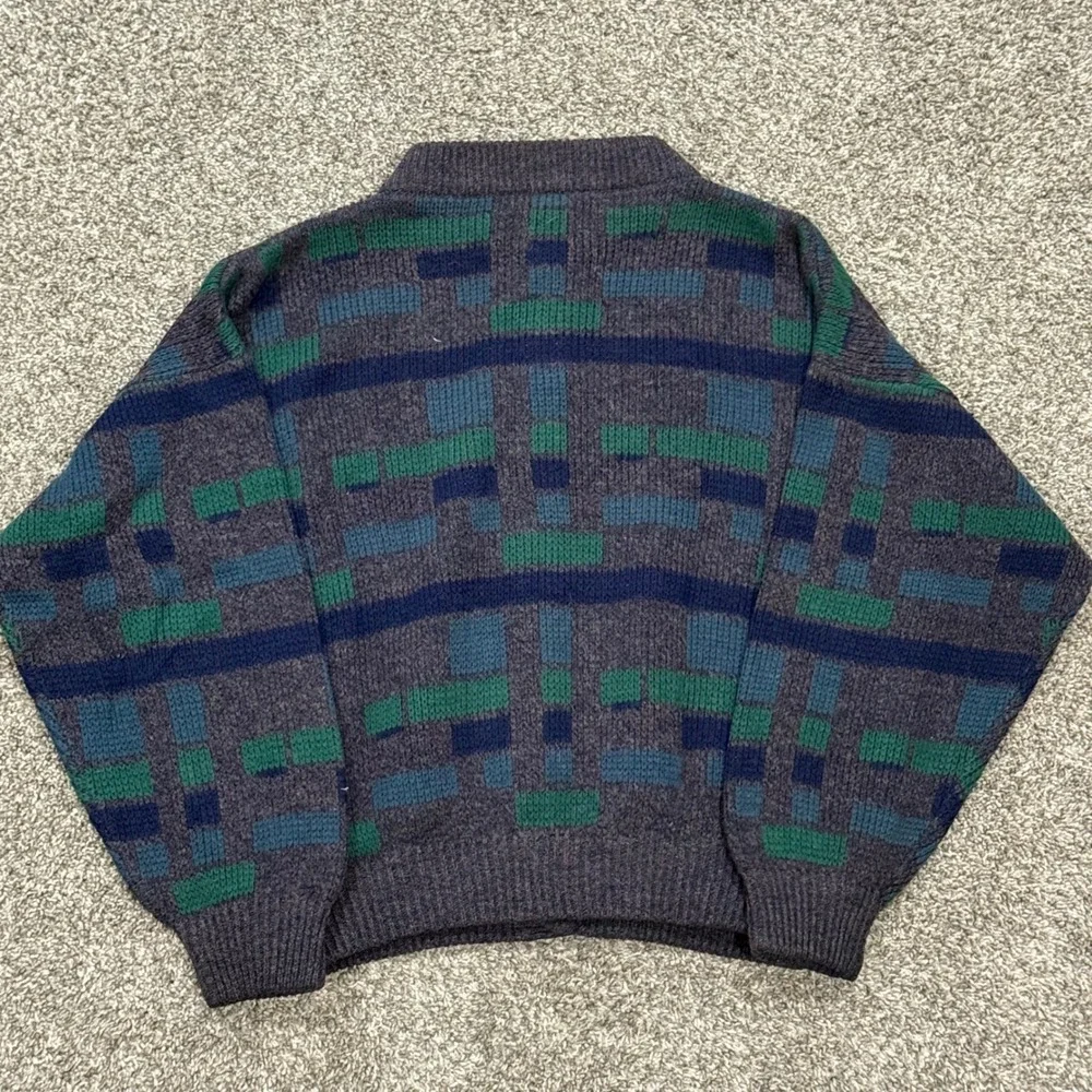 Vintage 70s Angelo Greco Geometric Knit Cardigan Sweater Blue Green Mens 2XL